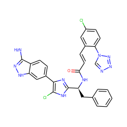 Nc1n[nH]c2cc(-c3nc([C@H](Cc4ccccc4)NC(=O)/C=C/c4cc(Cl)ccc4-n4cnnn4)[nH]c3Cl)ccc12 ZINC000115471621