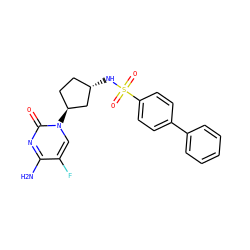 Nc1nc(=O)n([C@H]2CC[C@H](NS(=O)(=O)c3ccc(-c4ccccc4)cc3)C2)cc1F ZINC000049036646