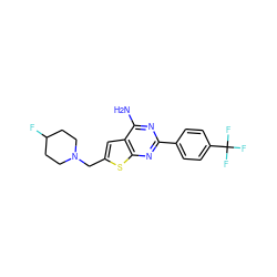 Nc1nc(-c2ccc(C(F)(F)F)cc2)nc2sc(CN3CCC(F)CC3)cc12 ZINC000169321255