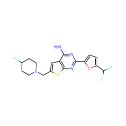 Nc1nc(-c2ccc(C(F)F)o2)nc2sc(CN3CCC(F)CC3)cc12 ZINC000118601624