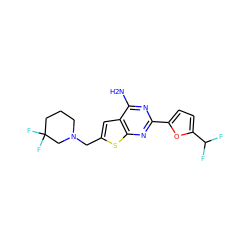 Nc1nc(-c2ccc(C(F)F)o2)nc2sc(CN3CCCC(F)(F)C3)cc12 ZINC000118605919