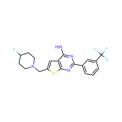 Nc1nc(-c2cccc(C(F)(F)F)c2)nc2sc(CN3CCC(F)CC3)cc12 ZINC000169321254