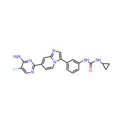 Nc1nc(-c2ccn3c(-c4cccc(NC(=O)NC5CC5)c4)cnc3c2)ncc1F ZINC000139634354