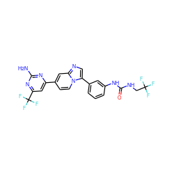 Nc1nc(-c2ccn3c(-c4cccc(NC(=O)NCC(F)(F)F)c4)cnc3c2)cc(C(F)(F)F)n1 ZINC000169704704