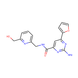 Nc1nc(C(=O)NCc2cccc(CO)n2)cc(-c2ccco2)n1 ZINC000042965012