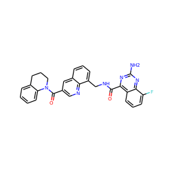 Nc1nc(C(=O)NCc2cccc3cc(C(=O)N4CCCc5ccccc54)cnc23)c2cccc(F)c2n1 ZINC000653813207