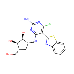 Nc1nc(Cl)c(-c2nc3ccccc3s2)c(N[C@@H]2C[C@H](CO)[C@@H](O)[C@H]2O)n1 ZINC000084633036