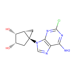 Nc1nc(Cl)nc2c1ncn2[C@@]12C[C@H](O)[C@H](O)[C@@H]1C2 ZINC001772573054