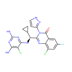 Nc1nc(N)c(Cl)c(N[C@H](c2nc3c(Cl)cc(F)cc3c(=O)n2-c2cc[nH]n2)C2CC2)n1 ZINC001772609810