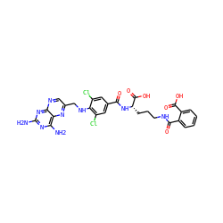 Nc1nc(N)c2nc(CNc3c(Cl)cc(C(=O)N[C@@H](CCCNC(=O)c4ccccc4C(=O)O)C(=O)O)cc3Cl)cnc2n1 ZINC000026282126