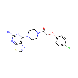 Nc1nc(N2CCN(C(=O)COc3ccc(Cl)cc3)CC2)c2ncsc2n1 ZINC000205811429