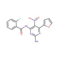 Nc1nc(NC(=O)c2ccccc2F)c([N+](=O)[O-])c(-c2ccco2)n1 ZINC000043120105