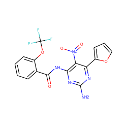 Nc1nc(NC(=O)c2ccccc2OC(F)(F)F)c([N+](=O)[O-])c(-c2ccco2)n1 ZINC000043123411