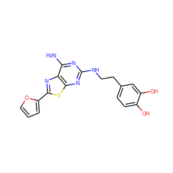 Nc1nc(NCCc2ccc(O)c(O)c2)nc2sc(-c3ccco3)nc12 ZINC001772646825