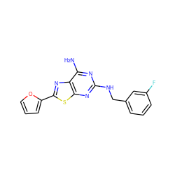 Nc1nc(NCc2cccc(F)c2)nc2sc(-c3ccco3)nc12 ZINC001772624344