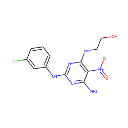 Nc1nc(Nc2cccc(Cl)c2)nc(NCCO)c1[N+](=O)[O-] ZINC000009411357