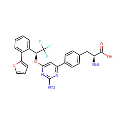 Nc1nc(O[C@@H](c2ccccc2-c2ccco2)C(F)(F)F)cc(-c2ccc(C[C@H](N)C(=O)O)cc2)n1 ZINC000040894701