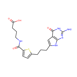 Nc1nc2[nH]c(CCCc3ccc(C(=O)NCCCC(=O)O)s3)cc2c(=O)[nH]1 ZINC000299821357