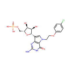 Nc1nc2c([C@@H]3O[C@H](COP(=O)(O)O)[C@@H](O)[C@H]3O)cn(CCOc3ccc(Cl)cc3)c2c(=O)[nH]1 ZINC000084654987