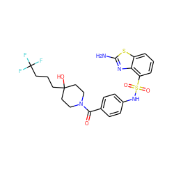 Nc1nc2c(S(=O)(=O)Nc3ccc(C(=O)N4CCC(O)(CCCC(F)(F)F)CC4)cc3)cccc2s1 ZINC000217769107