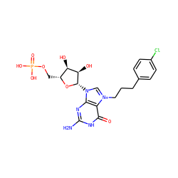 Nc1nc2c(c(=O)[nH]1)[n+](CCCc1ccc(Cl)cc1)cn2[C@@H]1O[C@H](COP(=O)(O)O)[C@@H](O)[C@H]1O ZINC000084757195