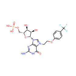 Nc1nc2c(c(=O)[nH]1)[n+](CCOc1ccc(C(F)(F)F)cc1)cn2[C@@H]1O[C@H](COP(=O)(O)O)[C@@H](O)[C@H]1O ZINC000084758903