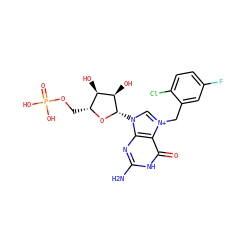 Nc1nc2c(c(=O)[nH]1)[n+](Cc1cc(F)ccc1Cl)cn2[C@@H]1O[C@H](COP(=O)(O)O)[C@@H](O)[C@H]1O ZINC000049089018