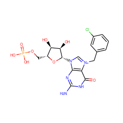 Nc1nc2c(c(=O)[nH]1)[n+](Cc1cccc(Cl)c1)cn2[C@@H]1O[C@H](COP(=O)(O)O)[C@@H](O)[C@H]1O ZINC000049113179