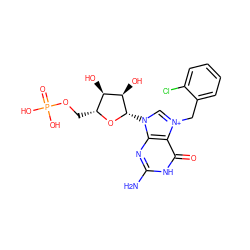 Nc1nc2c(c(=O)[nH]1)[n+](Cc1ccccc1Cl)cn2[C@@H]1O[C@H](COP(=O)(O)O)[C@@H](O)[C@H]1O ZINC000049089106