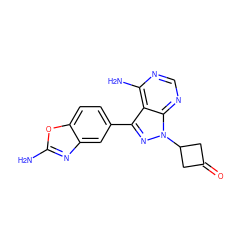 Nc1nc2cc(-c3nn(C4CC(=O)C4)c4ncnc(N)c34)ccc2o1 ZINC000143960105