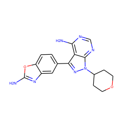 Nc1nc2cc(-c3nn(C4CCOCC4)c4ncnc(N)c34)ccc2o1 ZINC000142419539