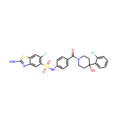 Nc1nc2cc(S(=O)(=O)Nc3ccc(C(=O)N4CCC(O)(c5ccccc5Cl)CC4)cc3)c(F)cc2s1 ZINC000221286039