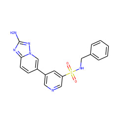 Nc1nc2ccc(-c3cncc(S(=O)(=O)NCc4ccccc4)c3)cn2n1 ZINC000084669285