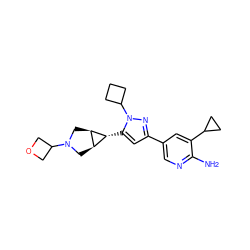 Nc1ncc(-c2cc([C@@H]3[C@H]4CN(C5COC5)C[C@H]43)n(C3CCC3)n2)cc1C1CC1 ZINC000148071527