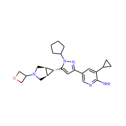 Nc1ncc(-c2cc([C@@H]3[C@H]4CN(C5COC5)C[C@H]43)n(C3CCCC3)n2)cc1C1CC1 ZINC000148088165