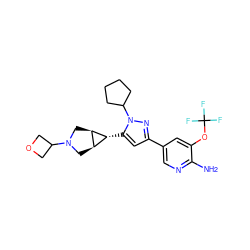 Nc1ncc(-c2cc([C@@H]3[C@H]4CN(C5COC5)C[C@H]43)n(C3CCCC3)n2)cc1OC(F)(F)F ZINC000148069440