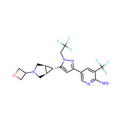 Nc1ncc(-c2cc([C@@H]3[C@H]4CN(C5COC5)C[C@H]43)n(CC(F)(F)F)n2)cc1C(F)(F)F ZINC000653663972