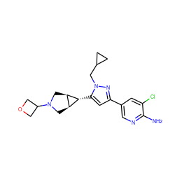 Nc1ncc(-c2cc([C@@H]3[C@H]4CN(C5COC5)C[C@H]43)n(CC3CC3)n2)cc1Cl ZINC000148099008