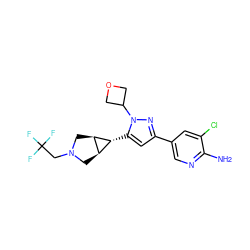 Nc1ncc(-c2cc([C@@H]3[C@H]4CN(CC(F)(F)F)C[C@H]43)n(C3COC3)n2)cc1Cl ZINC000148067077