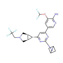 Nc1ncc(-c2cc([C@@H]3[C@H]4CN(CC(F)(F)F)C[C@H]43)nc(N3CC4CC3C4)n2)cc1OC(F)F ZINC000653767398