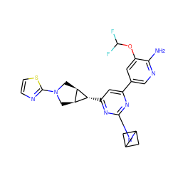 Nc1ncc(-c2cc([C@@H]3[C@H]4CN(c5nccs5)C[C@H]43)nc(N3CC4CC3C4)n2)cc1OC(F)F ZINC000653763862