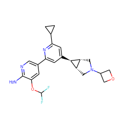 Nc1ncc(-c2cc([C@H]3[C@@H]4CN(C5COC5)C[C@@H]43)cc(C3CC3)n2)cc1OC(F)F ZINC000653758397