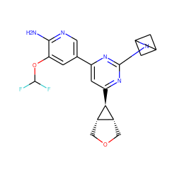 Nc1ncc(-c2cc([C@H]3[C@@H]4COC[C@@H]43)nc(N3CC4CC3C4)n2)cc1OC(F)F ZINC000653667550