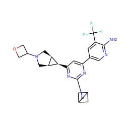 Nc1ncc(-c2cc([C@H]3[C@H]4CN(C5COC5)C[C@H]43)nc(N3CC4CC3C4)n2)cc1C(F)(F)F ZINC000653752938