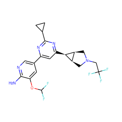 Nc1ncc(-c2cc([C@H]3[C@H]4CN(CC(F)(F)F)C[C@H]43)nc(C3CC3)n2)cc1OC(F)F ZINC000653752855