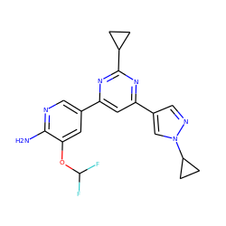 Nc1ncc(-c2cc(-c3cnn(C4CC4)c3)nc(C3CC3)n2)cc1OC(F)F ZINC000653750403