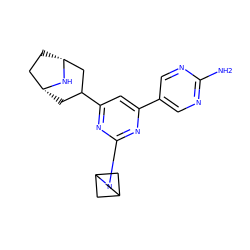 Nc1ncc(-c2cc(C3C[C@@H]4CC[C@H](C3)N4)nc(N3CC4CC3C4)n2)cn1 ZINC000653750419