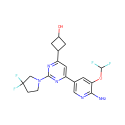 Nc1ncc(-c2cc(C3CC(O)C3)nc(N3CCC(F)(F)C3)n2)cc1OC(F)F ZINC000653686479