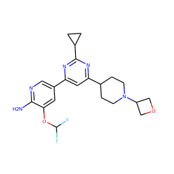 Nc1ncc(-c2cc(C3CCN(C4COC4)CC3)nc(C3CC3)n2)cc1OC(F)F ZINC000653750412