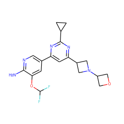 Nc1ncc(-c2cc(C3CN(C4COC4)C3)nc(C3CC3)n2)cc1OC(F)F ZINC000653676811